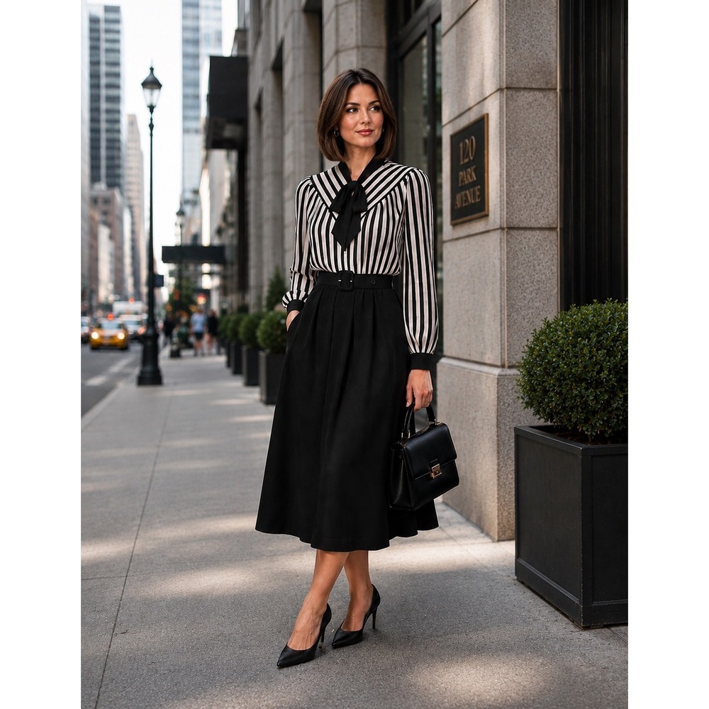 Vintage Lady Carol Petites Black White Striped Tie Neck Belted Dress